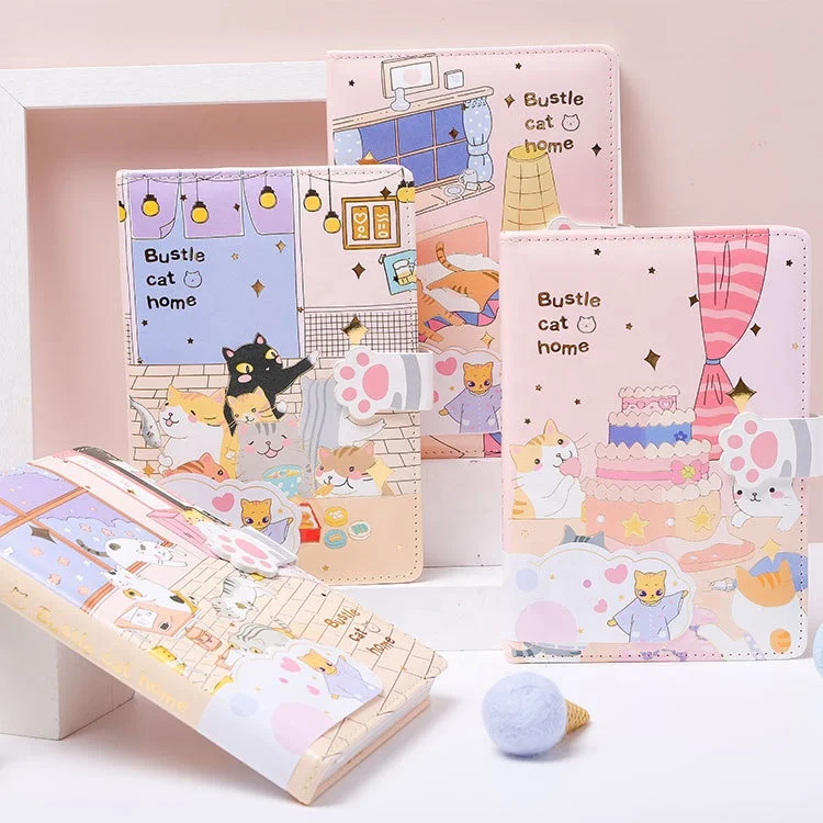 Promotion kids girls cartoon cute cat pu leather cover kawaii diary notebook