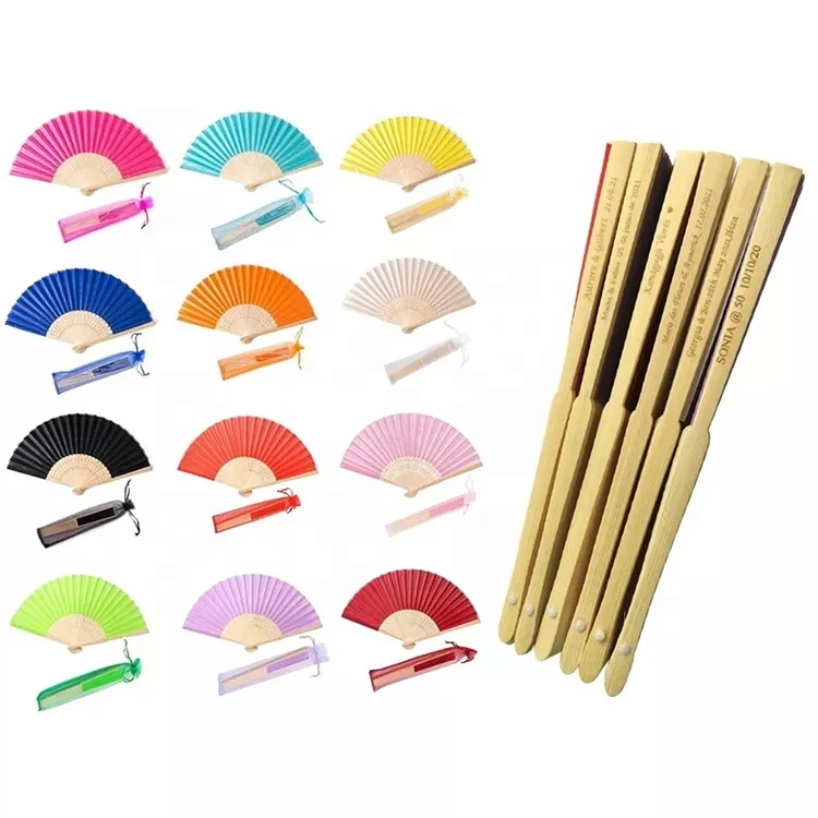 Wholesale Lmitate Silk Fabric Bamboo Handheld Folded Fan Bridal Dancing Props Church Wedding Party Favors with Gift Bags