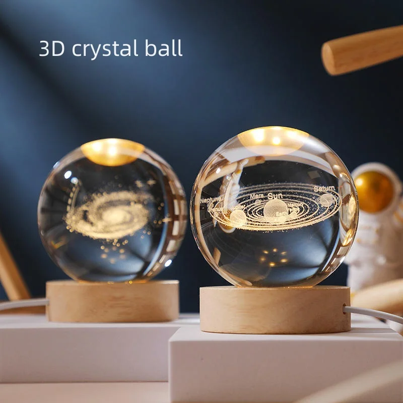 Деревянная основа 3D Галактическая Солнечная система окружающий уникальный хрустальный шар светодиодный ночник для подарка