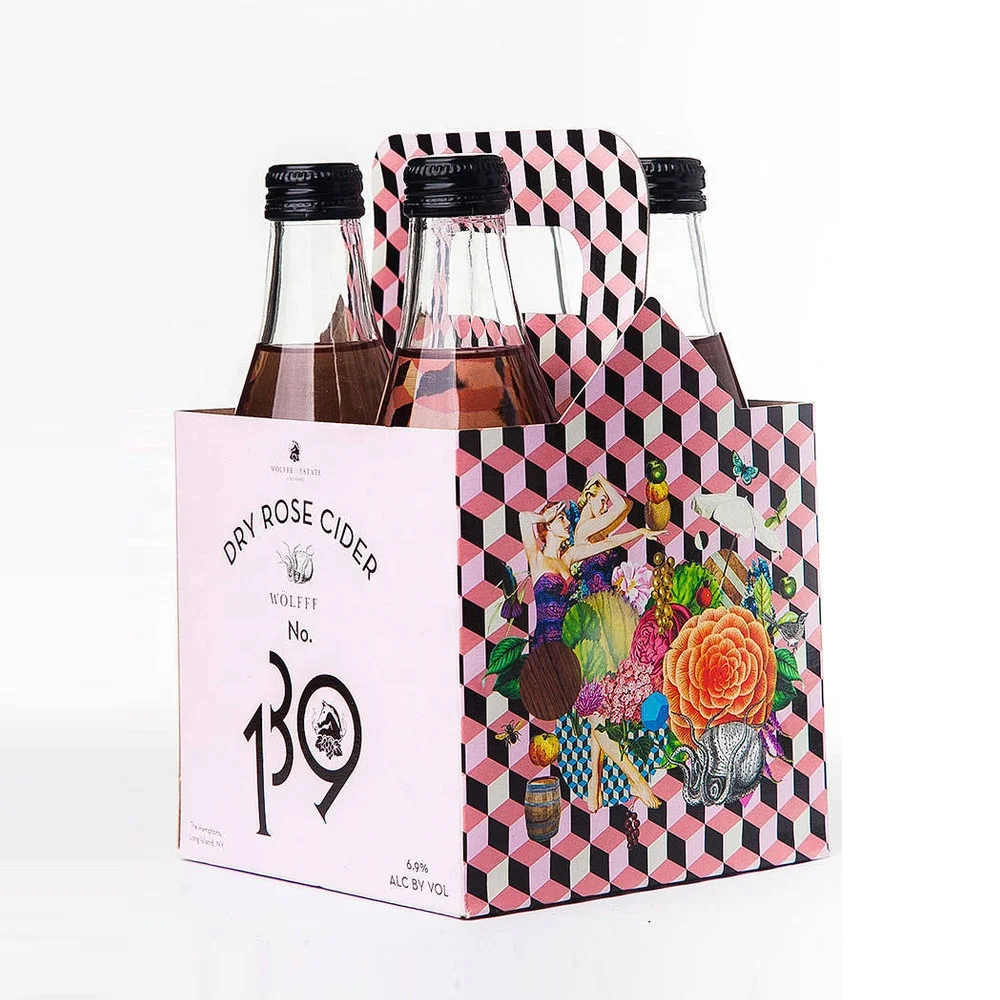 Custom logo Folding Corrugated Cardboard 6 Packs Bottles Beer Carriers Packaging Box with Handle