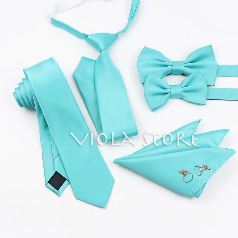 6 PCS Top Hot Color Green Pink Blue Polyester Solid 6cm Tie Set Men Kids Wedding Bowtie Hankie Party Gift Cravat Shirt Accessory