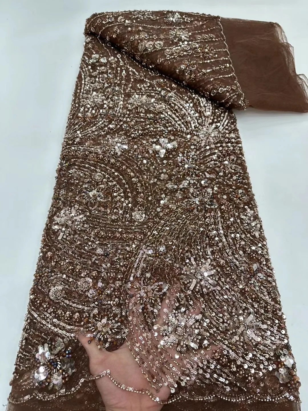 NI.AI New Design Sequin Beaded Lace Wedding Stripe Net Lace Fabric Luxury Embroidered Pearls Sequins Lace Fabric