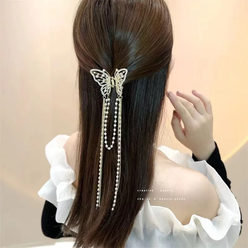 Manufacture Wholesale Beautiful Peals Golden Metal Alloy Luxury Golden Beauty Butterfly Metal Alloy Shark Hair Claw For Girls