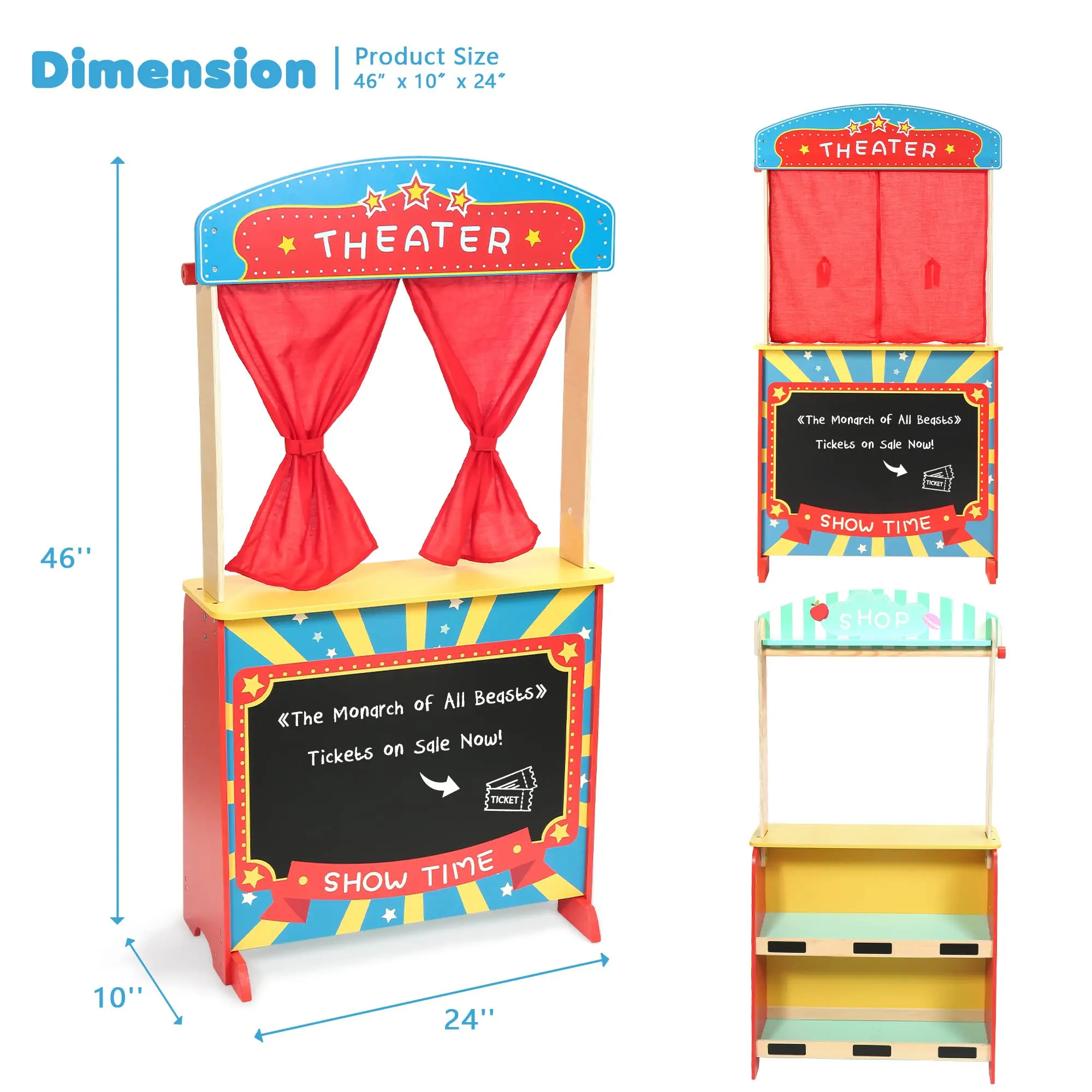 New Design Double-sided Puppet Stage With Chalkboard role Play Fruit Display Shop Kids Wooden Pretend