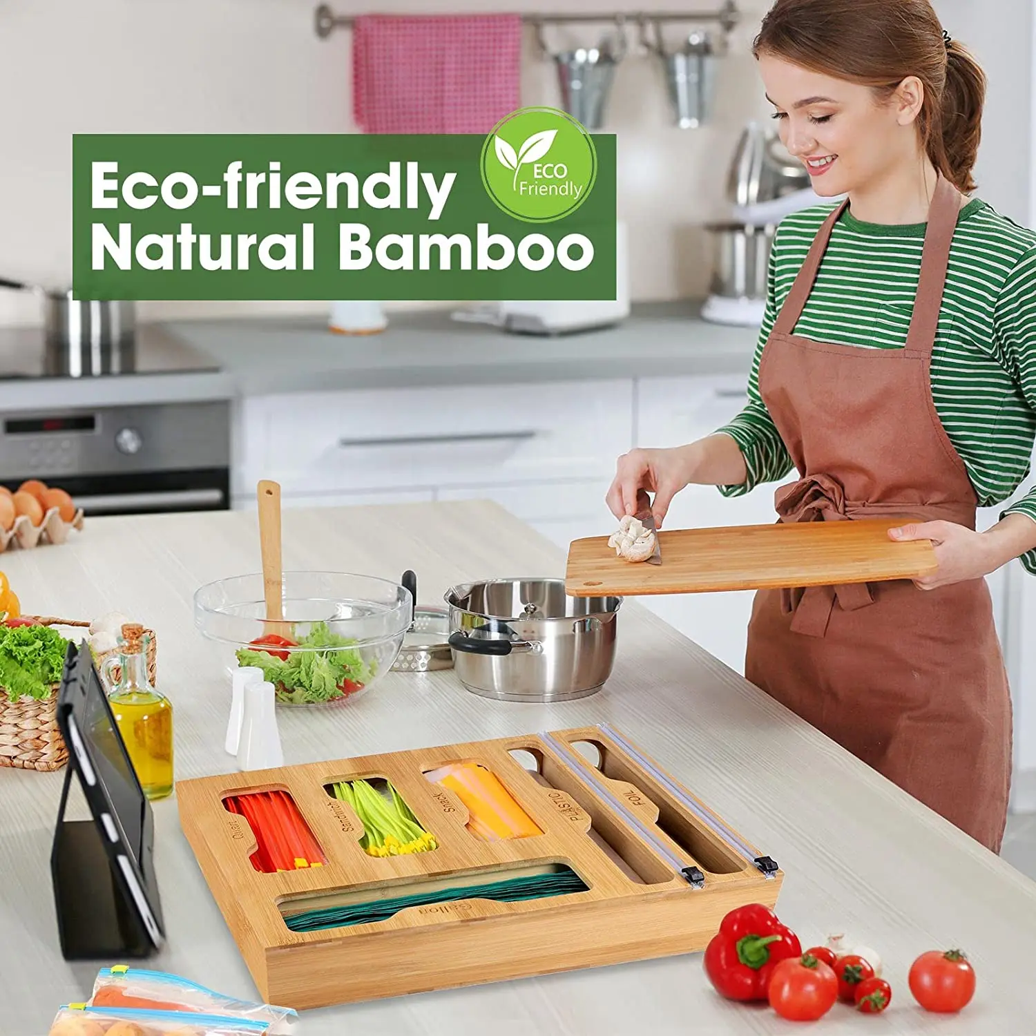 Customizable Kitchen 6 In1  Wooden Drawer With Plastic Foil Wrap Dispenser Holder Bamboo Ziplock Bag Organizer