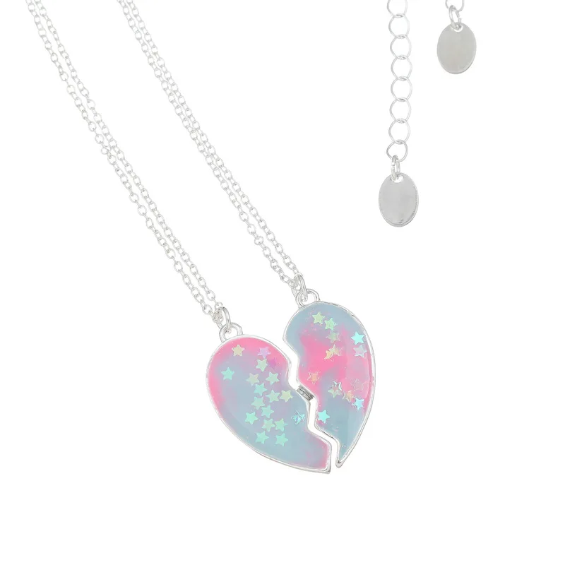 Fashion Handmade BFF Jewelry Enamel Broken Heart Pentagram Sequins Kids Pendants Chain Necklace
