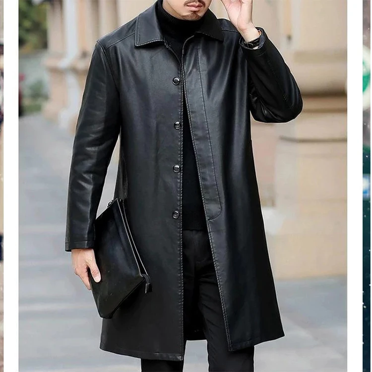Winter Casual Thick Fleece Parkas Warm Faux Long Leather Jacket Men Leather Trench Coat