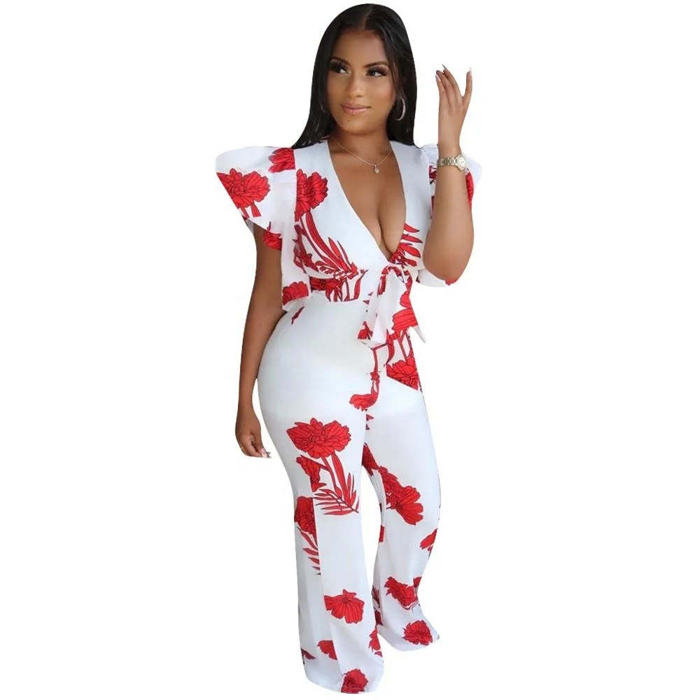 Deep V Wide Leg Pants Jumpsuits Print 2023 New for Women Women Clothing Summer Customized Logo Woven Picture YARN DYED Skinny