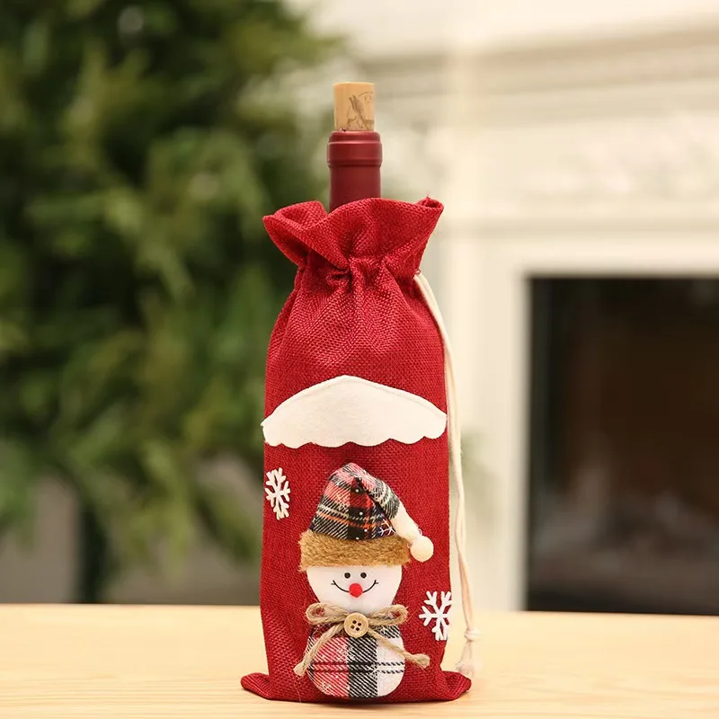 Hot Selling Cross-Border Christmas Wine Set Jute Champagne Bottle Bag Christmas Decoration Bar Restaurant Party Table Atmosphere
