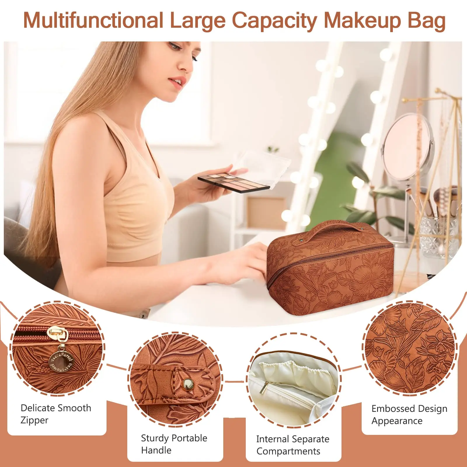Travel Makeup  Cosmetic Bag With Compartments Large Capacity Water Resistant PU Leather Makeup Bag Lay Flat Makeup Bag