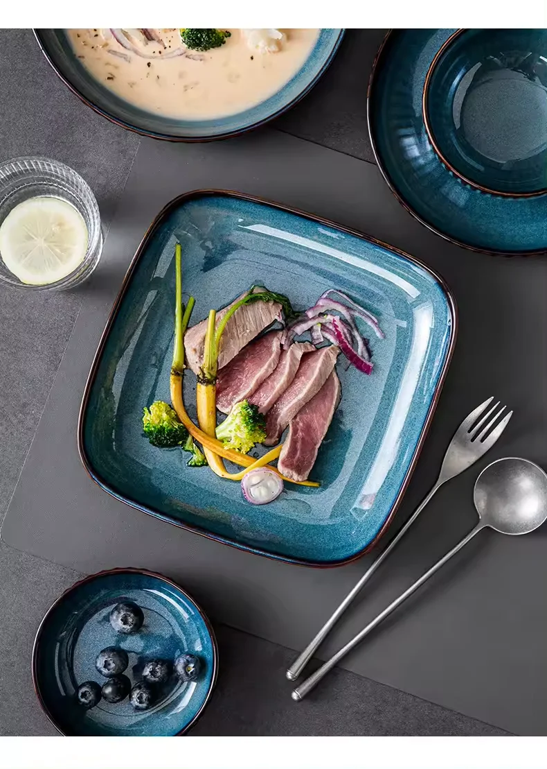 Custom Luxury blue Charger Plate Dinnerware Tableware Porcelain Nordic Europe Style Dish Ceramic Bowl Plate Dinner Set