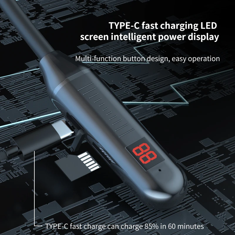 Hot selling type-c charging large battery capacity digital display bt necklace headset sport hanging neck earphone