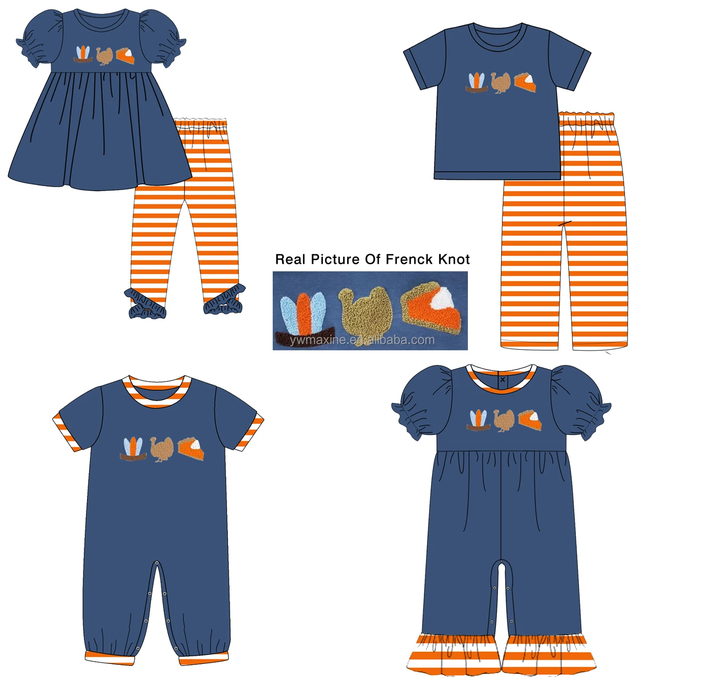 Hot Sale Thanksgiving Day Boy Clothing Fall Outfit 100% Cotton Casual Short Sleeve Striped 2pcs sets French Knot Boy Clothes