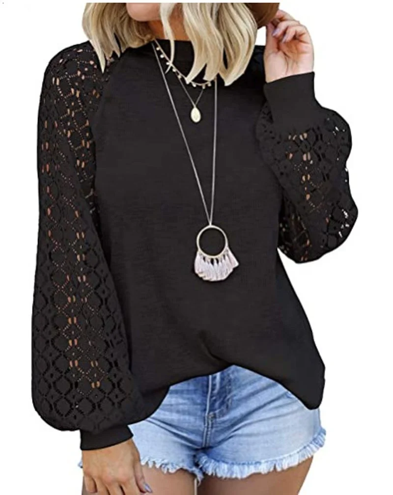 New Fashion 8 Colors Women Tops Fashion Plus Size Solid Color Loose Shirt Lace Stitching Long Sleeve T-Shirt Hollow-out T Shirt