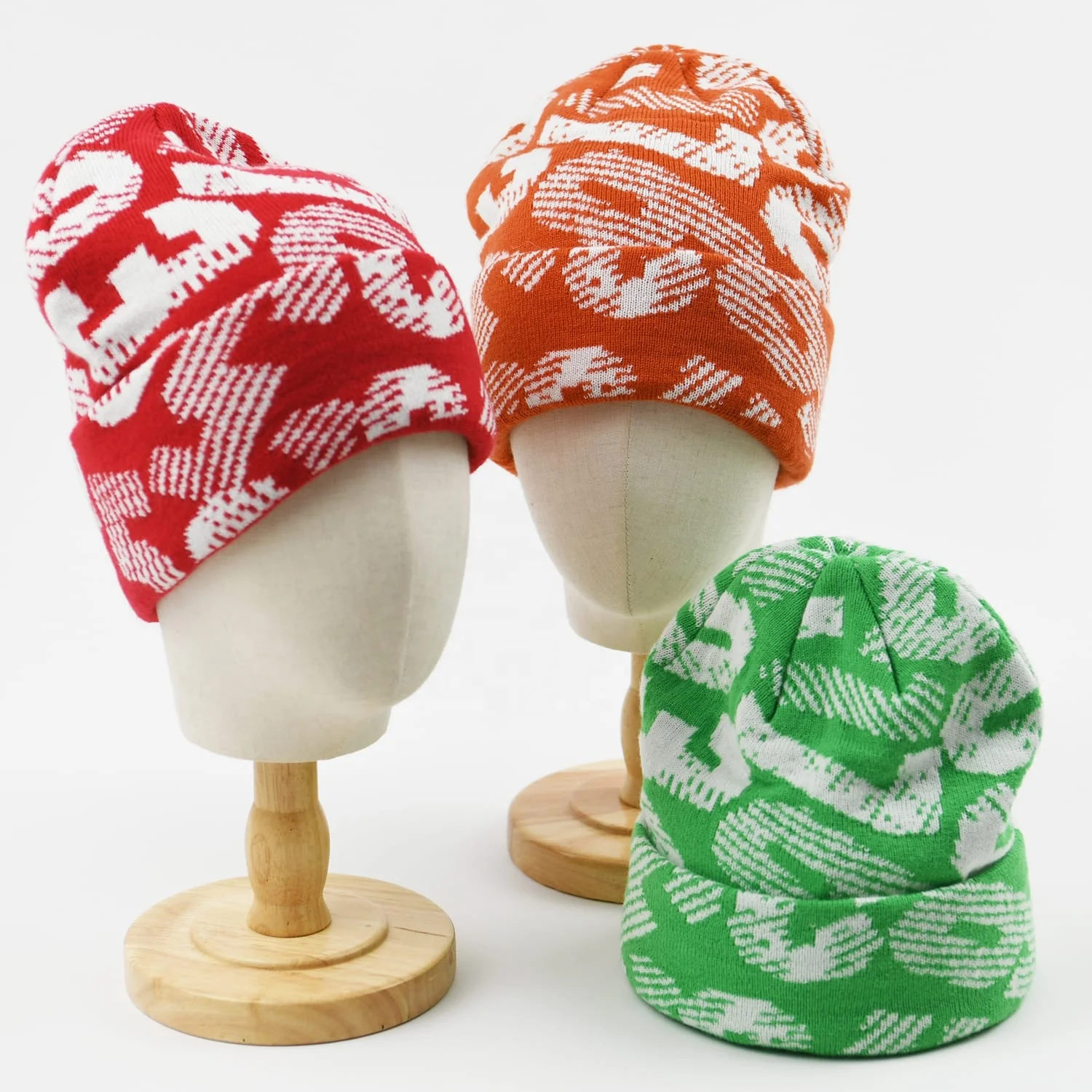 Skull fisherman beanie hats custom logo y2k streetwear jacquard all over print character graphic warm thick knit hats