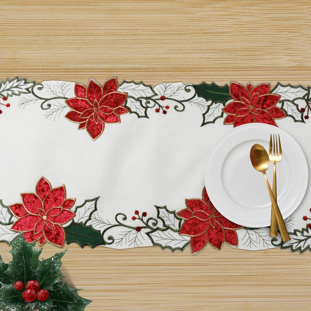 OWENIE Christmas Red Poinsettia Embroidered Applique Velvet Flower Custom Table Runner With Place Mats For Dinner Table