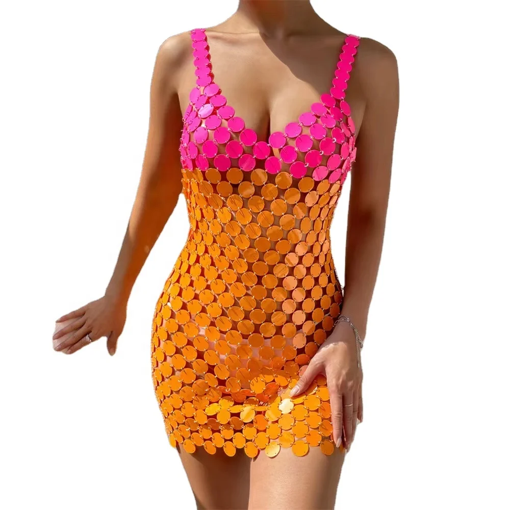 Short Shiny Sexy Colorful Handmade  Acrylic Braided Paty Wear Body Chain Top Mirror Disc Party Dress For Women