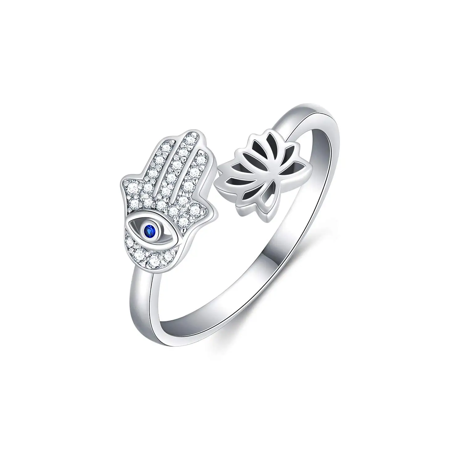 YFN Jewelry S925 Sterling Silver Open Size Religious Zircon Hamsa Lotus Lucky Ring
