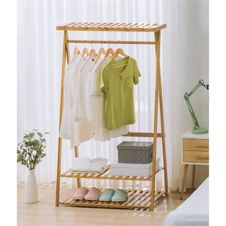 Bamboo Garment Rack Storage Shelves Clothes Hanging Rack with Side Hooks, Heavy Duty Clothing Rack Portable Wardrobe