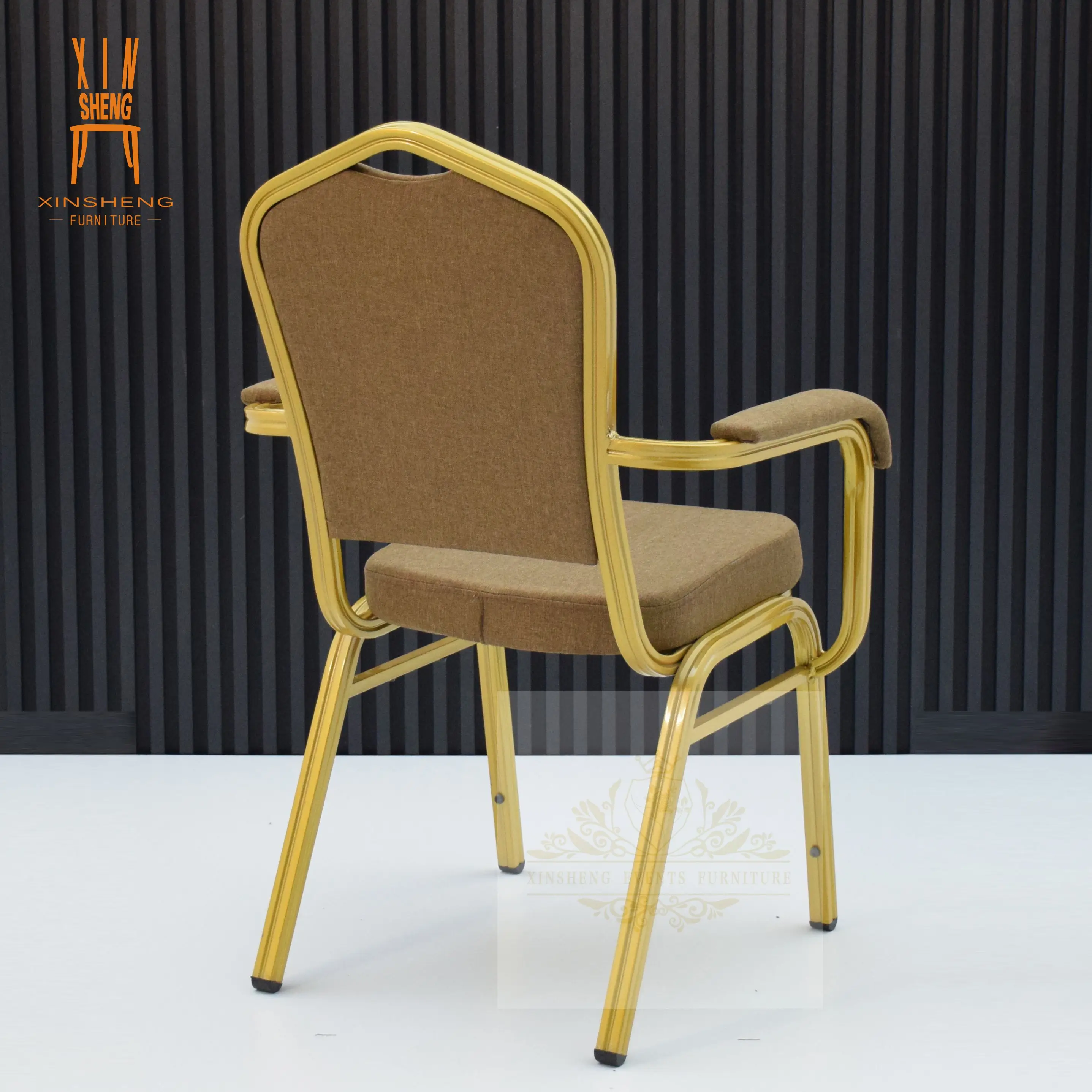 High quality wholesale gold metal frame with arm party chair for hotel banquet wedding dining chair
