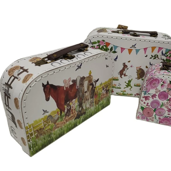 stitching cardboard box with PU handle Custom Kraft Packaging Carton Paper Cardboard Suitcase Sets Gift Box with Metal Handle