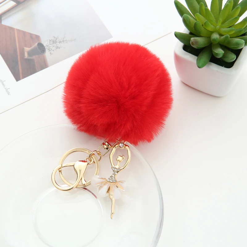 
Faux Rabbit Fur Pom Pom Angel Ballet Girl Designer Key Chain for Ladies Keyrings Metal Charm Acessories Pendant Women 1054A 
