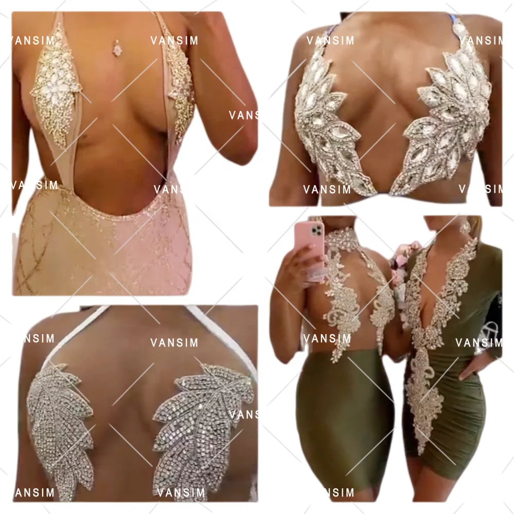 Fashion long body red color Handmade Beaded Crystal Rhinestone Bodice Dress Applique for Party evening dress