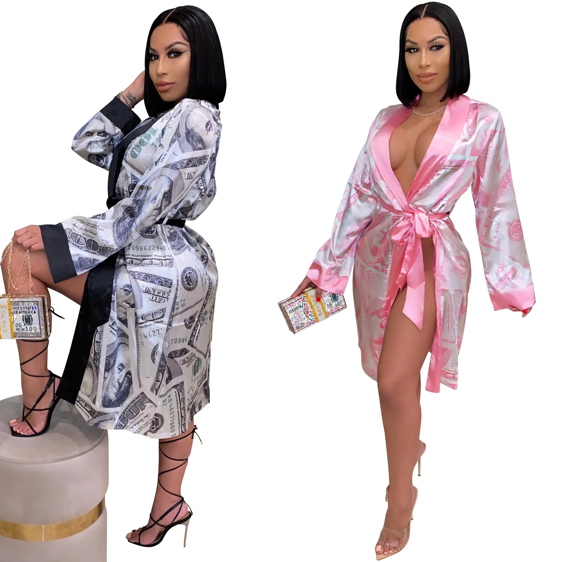 
2021 Money print kimono style silk satin women sexy robe bedroom femme longue robes nightwear 