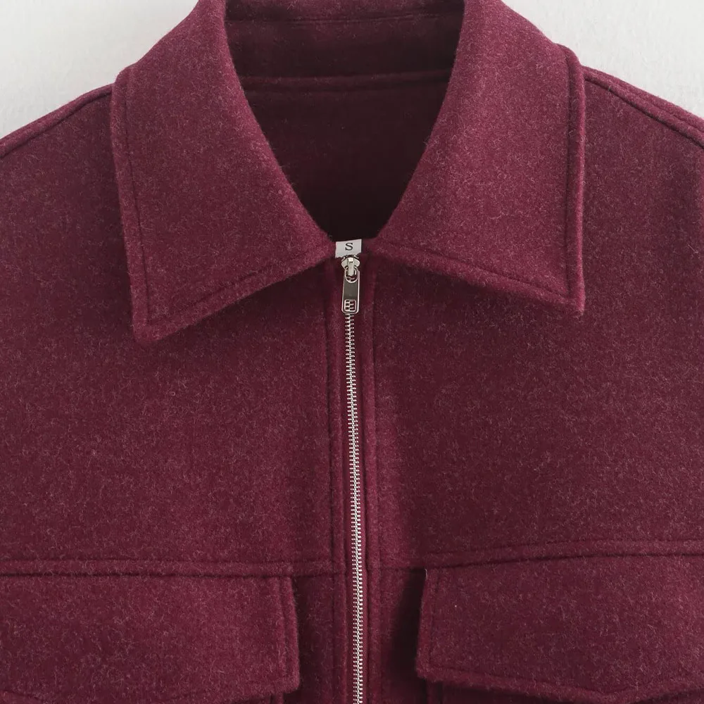 PB&ZA Women 2024 Autumn New Fashion Burgundy Pocket Zipper Wool Coat Vintage Long Sleeve Female Outerwear Chic