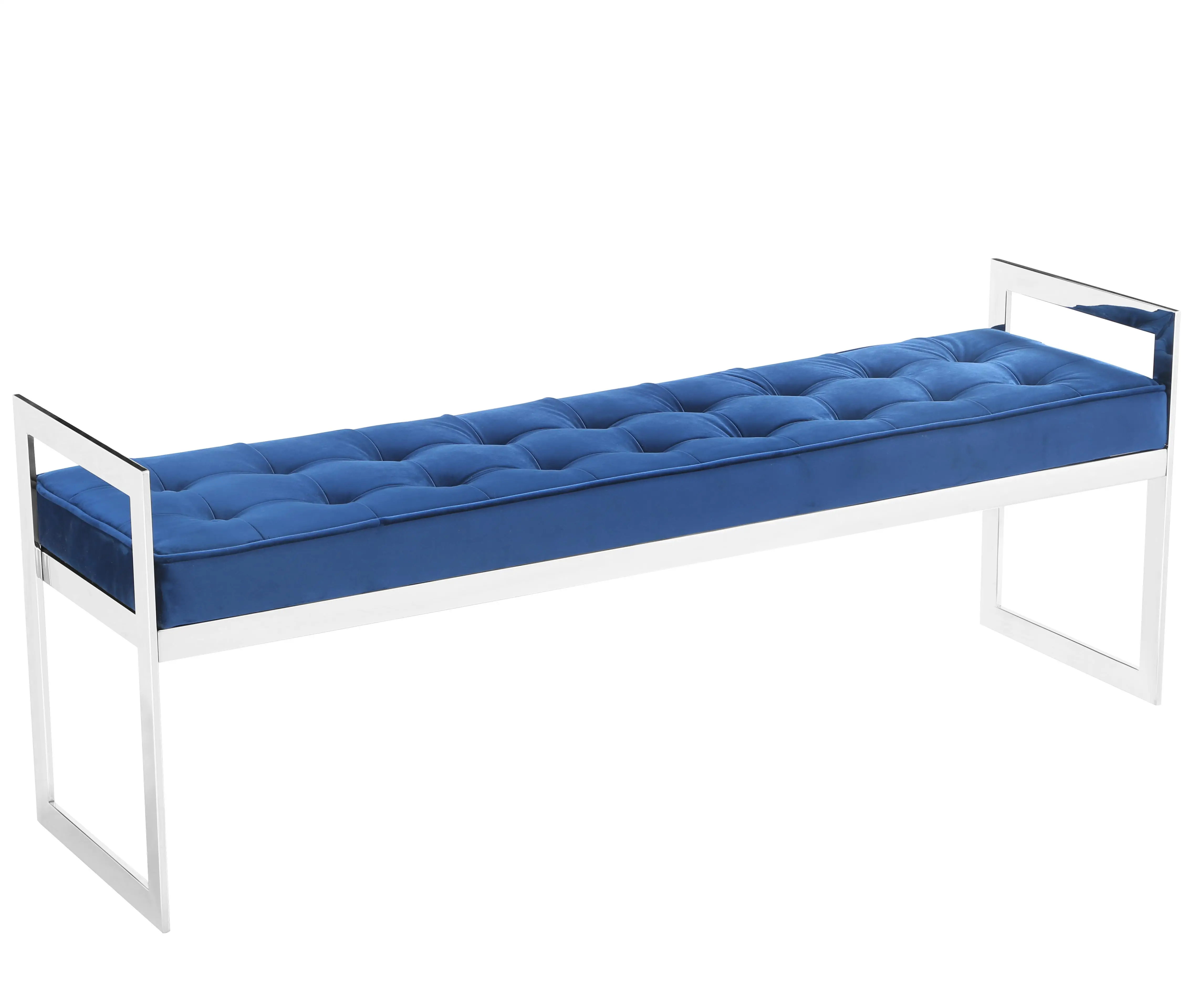 Modern Luxury Style Stainless Steel Silver with Velvet Upholstered Bed End Stool Bench From Chinese Supplier