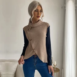 Women Stylish Long Sleeve Pullover Knit High Collar Irregular Patchwork Knitted Top