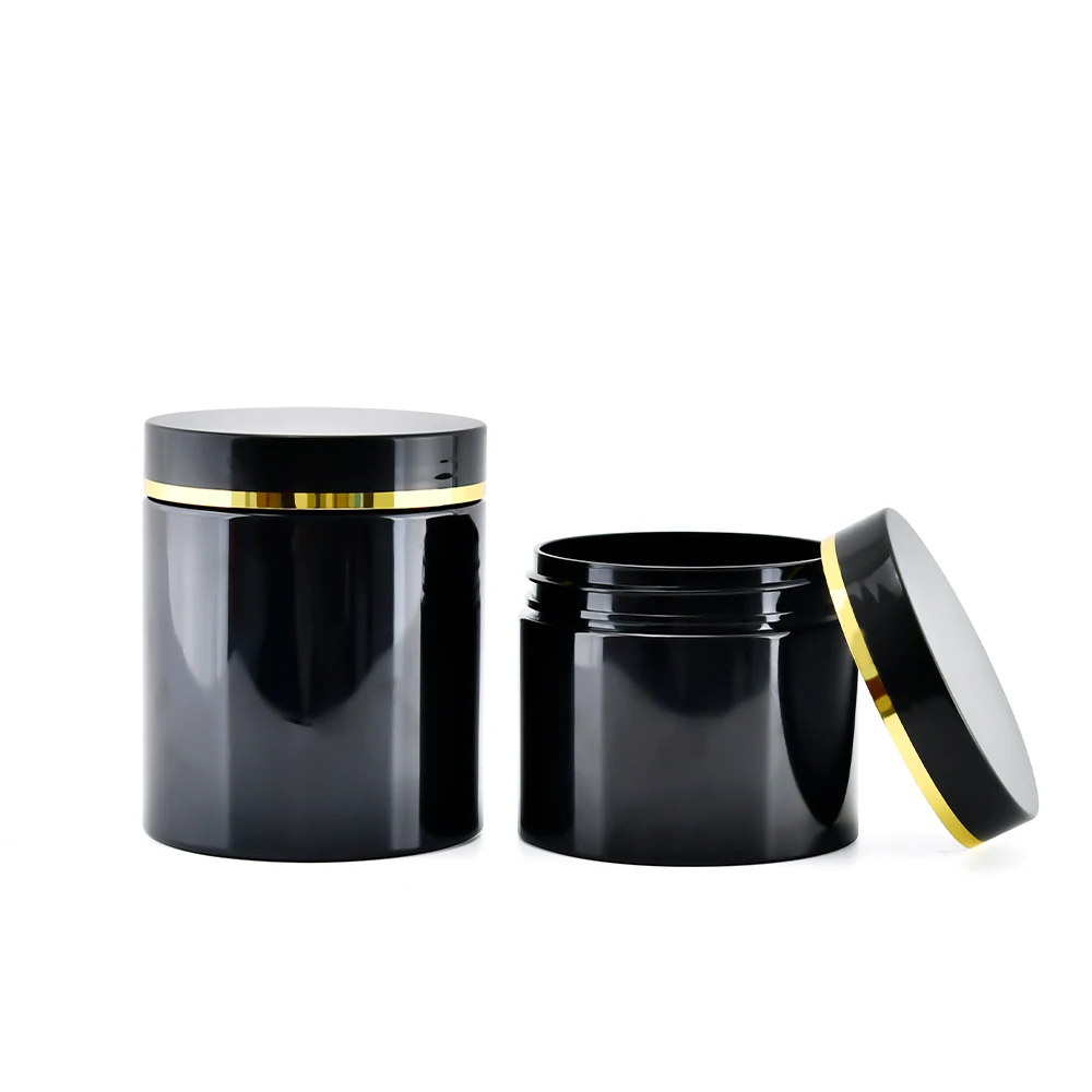 Cosmetic Packaging 100ml 150ml 200ml 250ml 300ml 500ml Black Pet Plastic Cream Jar with Lid Gold