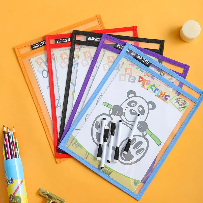 High Quality School Colorful Children Writing Drawing Clear PE Reusable Dry Erase Pockets