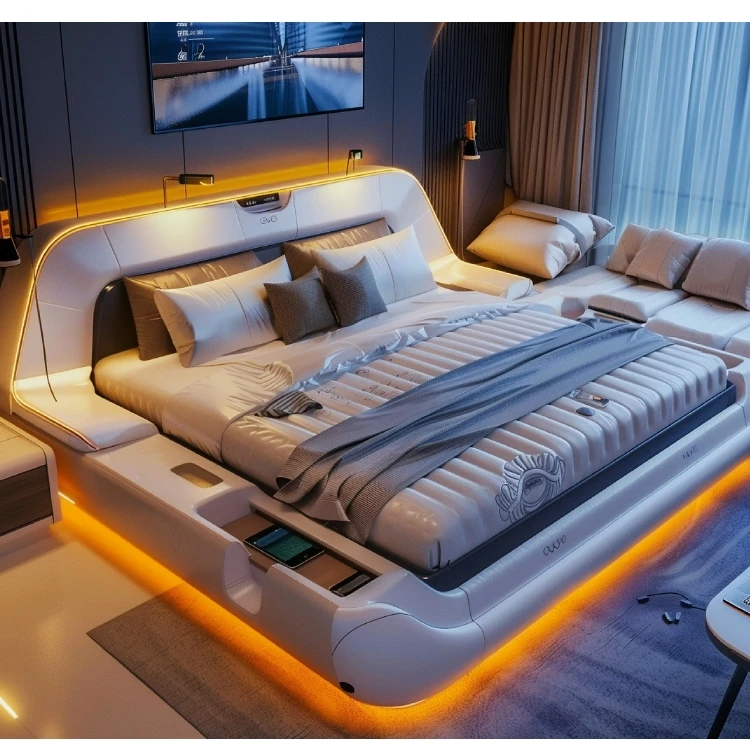 Multi-functional smart leather bed furniture queen bedroom furniture modern with double king size bed bedroom Foshan Furniture
