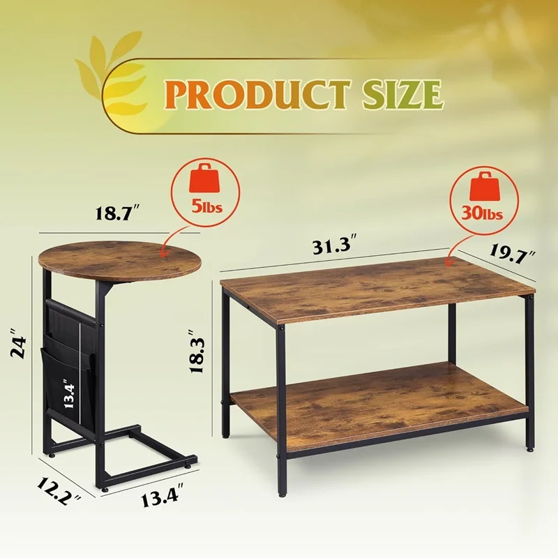 MODERN 2 IN 1 COFFEE TABLE SET RECTANGLE CENTER TABLE AND C SHAPED ROUND END TABLE FOR LIVING ROOM