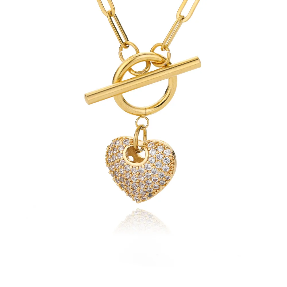 Girlfriend Jewelry Gift Exquisite Copper Plated 18k Gold Necklace Shiny Zircon Heart Pendant Necklace for Women Girls
