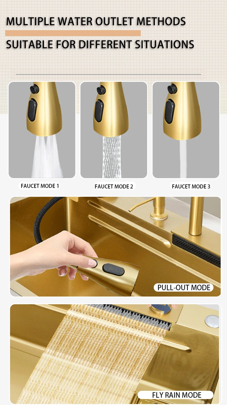 7546 Kitchen WorkStation Gold Washing Basin Modern Multifunctional Handmade Stainless Steel Sink Waterfall Smart Faucet Sinks