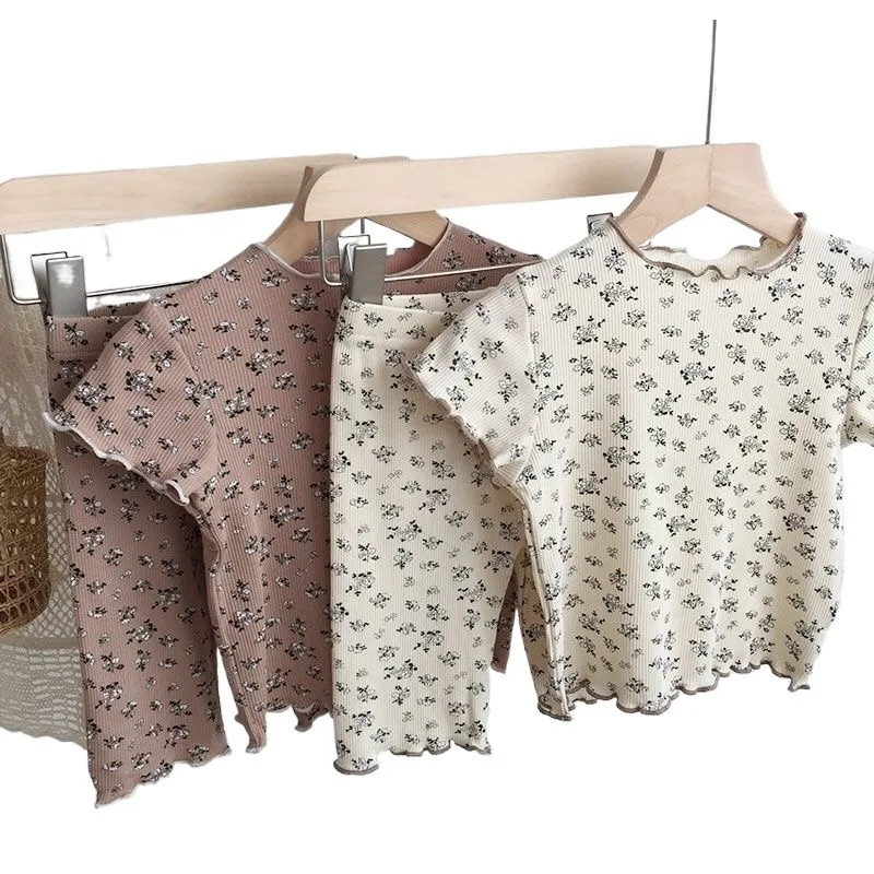 0-6Yrs Children Girls Floral Clothes Suits Full Printed T-Shirts Tops Pants Summer Short Sleeve Pajamas Set Clothing