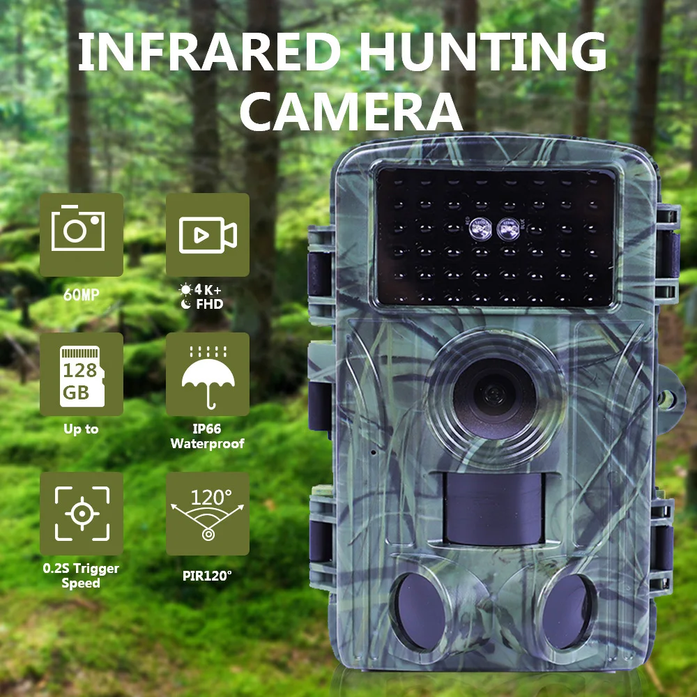New Arrival 4k Wireless Hunting Camera Max 128GB Memory 60MP Infrared Trail Camera Wild Trap Cam