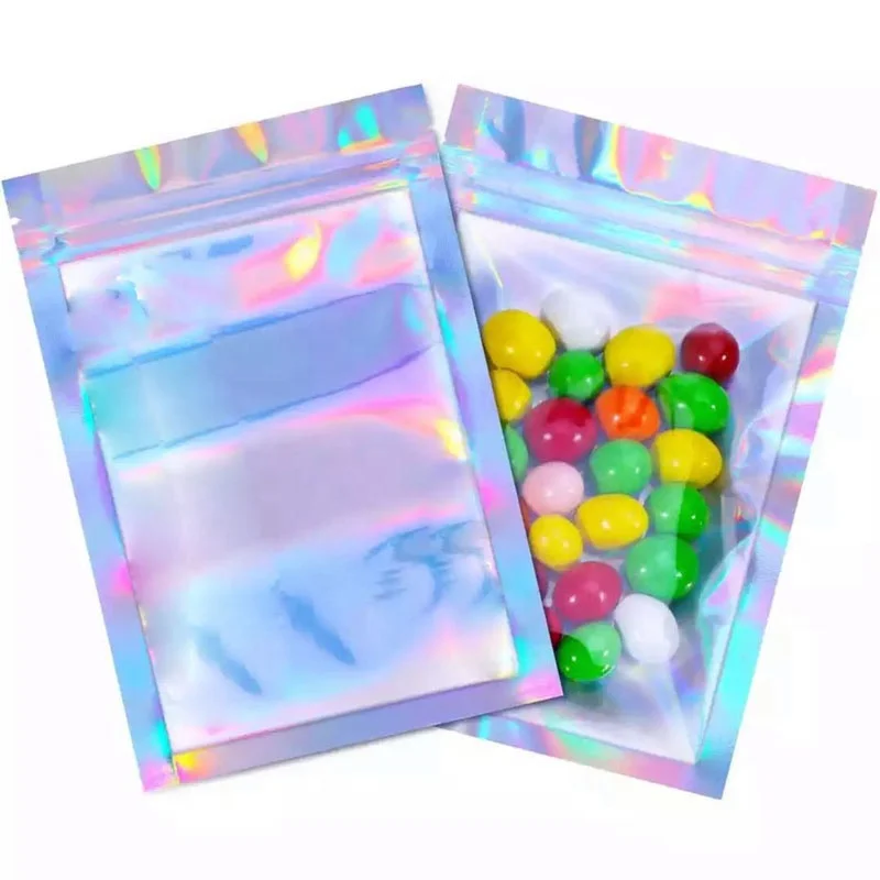 
custom logo resealable stand up Clear transparent printing laser holographic ziplock plastic packaging cosmetic/makeup bag 