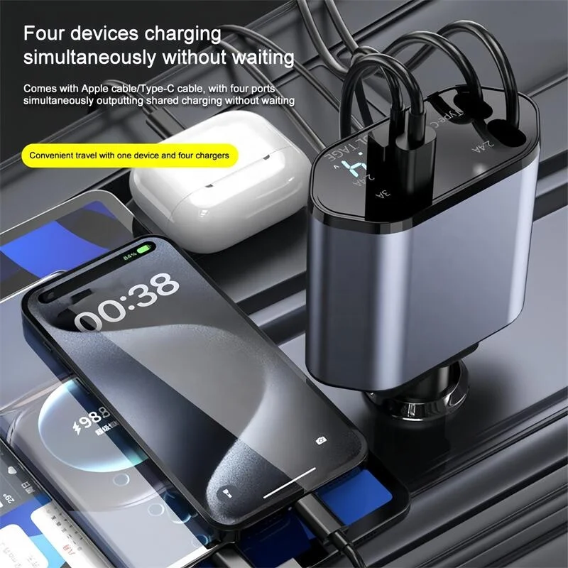 USB Type C Cable For IPhone Huawei Samsung  Cigarette Lighter Adapter 4 in 1 Car charger Retractable Car Charger  Fast Charger