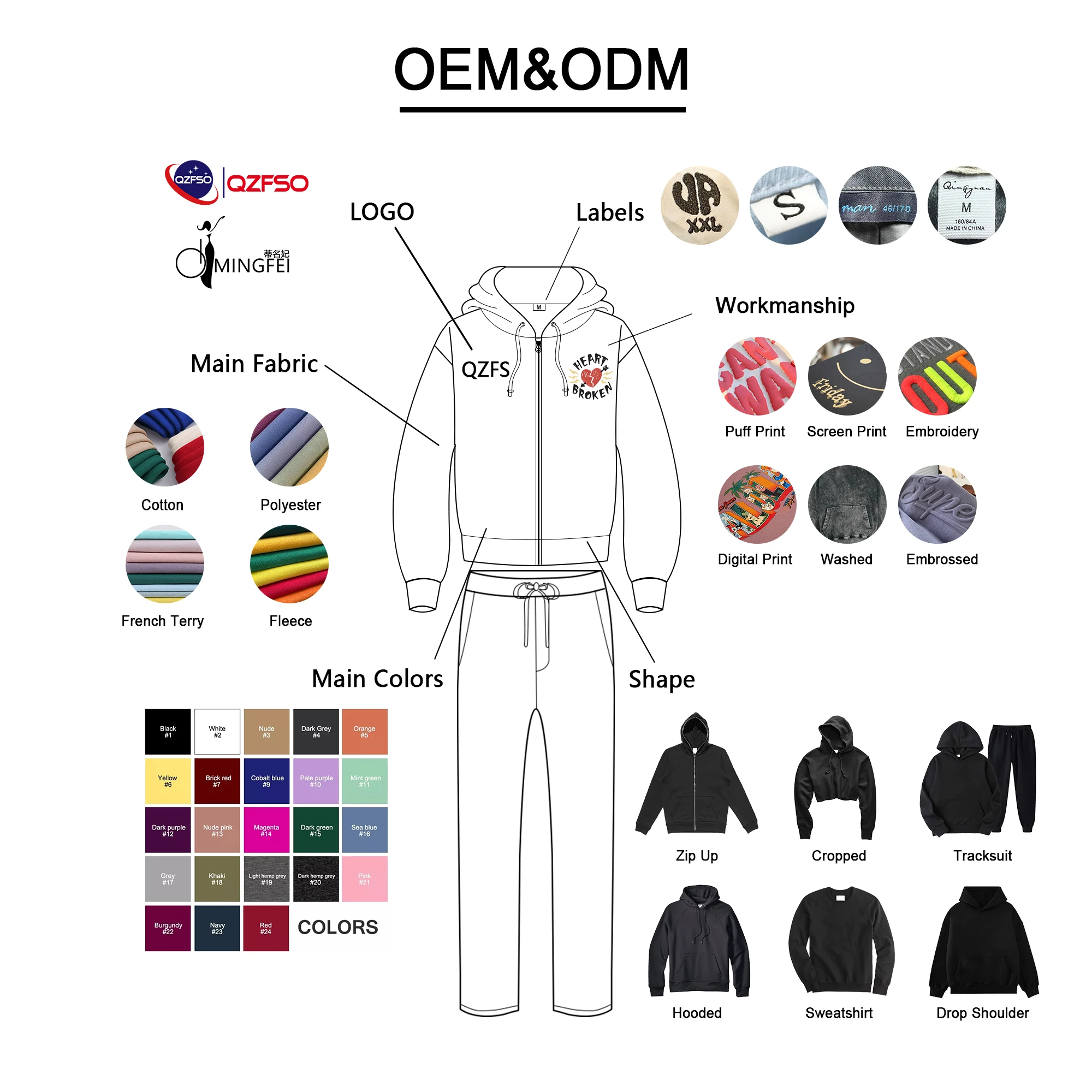 QZFSO Manufacturer Custom Logo Gray Sun Faded Oversized Cotton Print Pullover Men Distressed Acid Wash Full Zip Up Hoodie