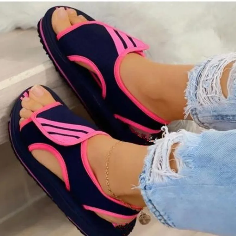 
Dark blue sandalias summer trend flat causal shoe women canvas mesh sandals square toe kito velcro strap flat sandals 