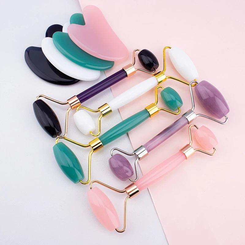 Noiseless Face Massage Natural Stone Rose Quartz Amethyst Stones Gua Sha Green Jade Roller