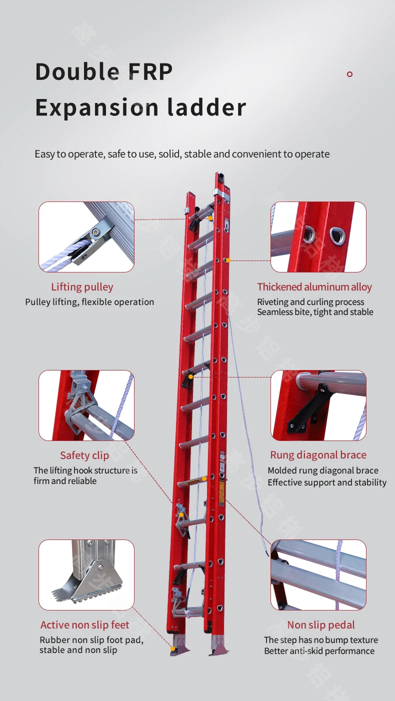 High quality  safety lightweight 24 Step 28 ft 5m 9 m slide track fiberglass extension ladder