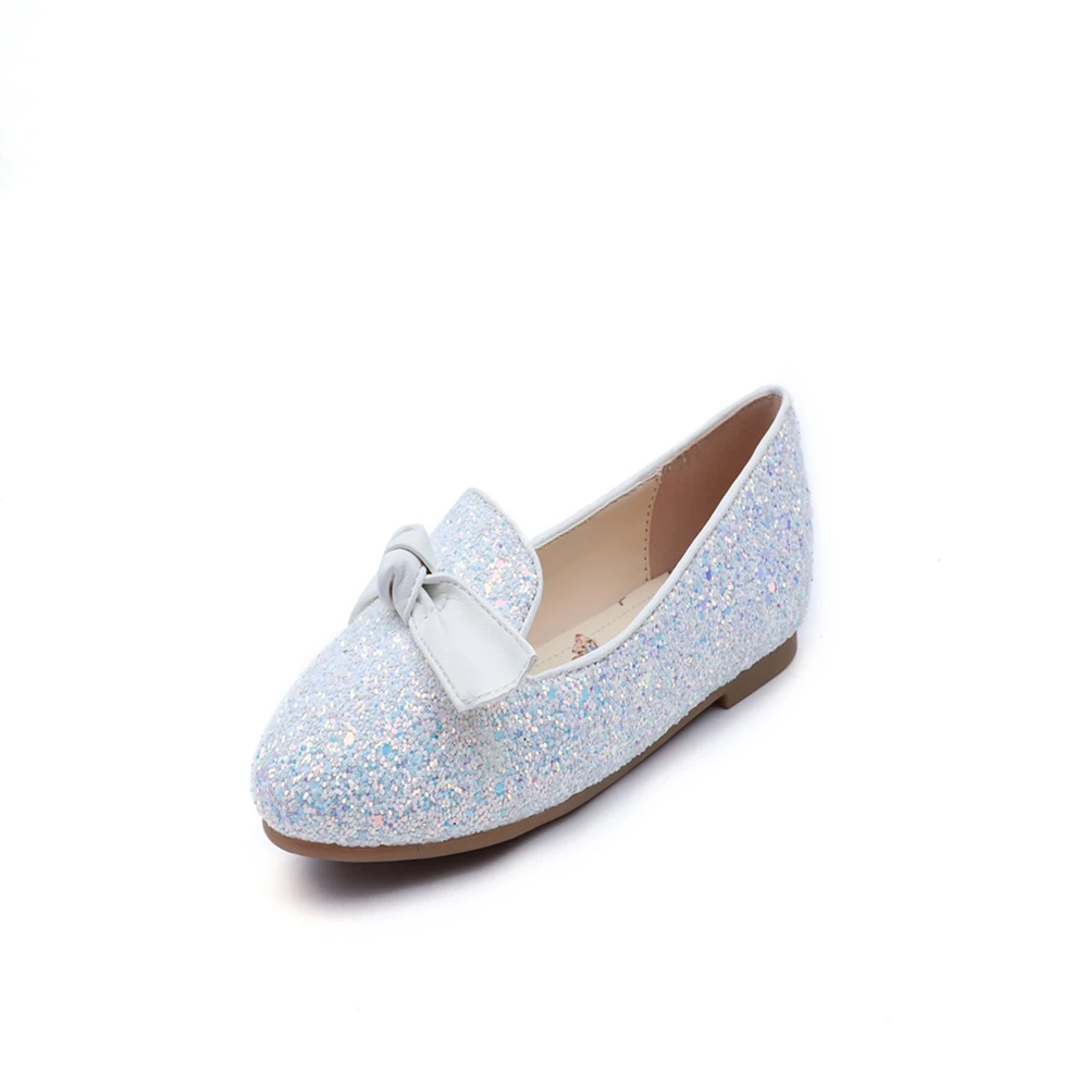 Factory wholesale girl crystal princess bowtie single shoe flat sequined girl party casual shoes