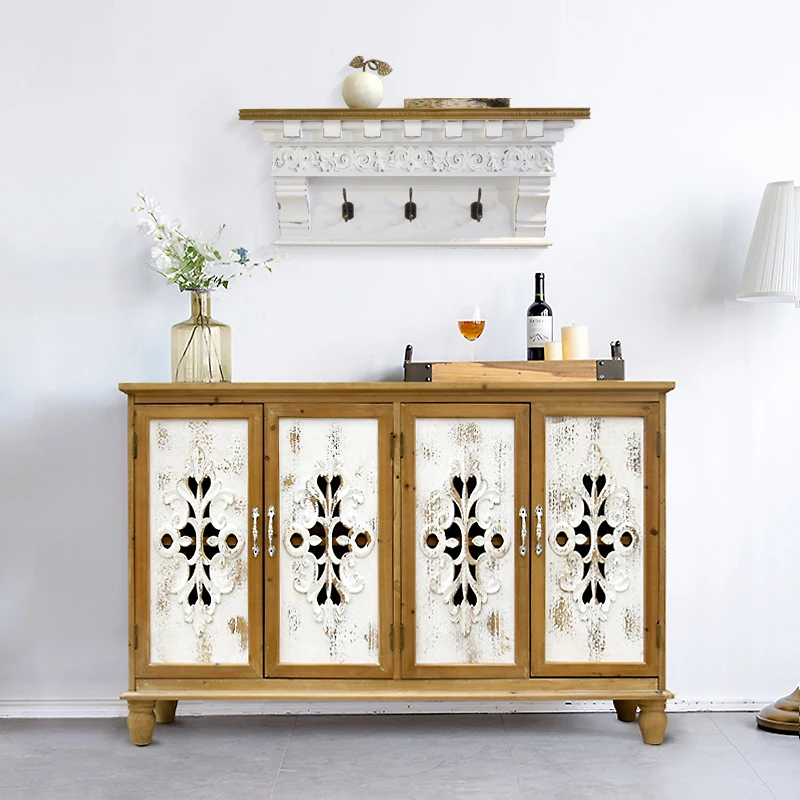 Innova French Country Vintage Rustic Style Kitchen Dining Room Living Room Furniture Wooden Storage Cabinet with 3 White Doors