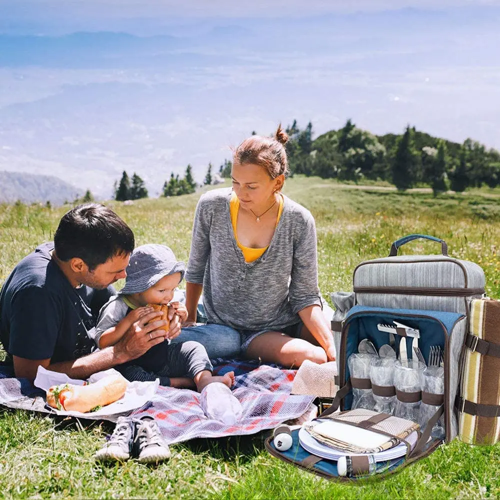 Picnic Backpack for 4 Persons All-in-One Portable Picnic Bag with Complete Cutlery Set &Waterproof Blanket for Camping Party