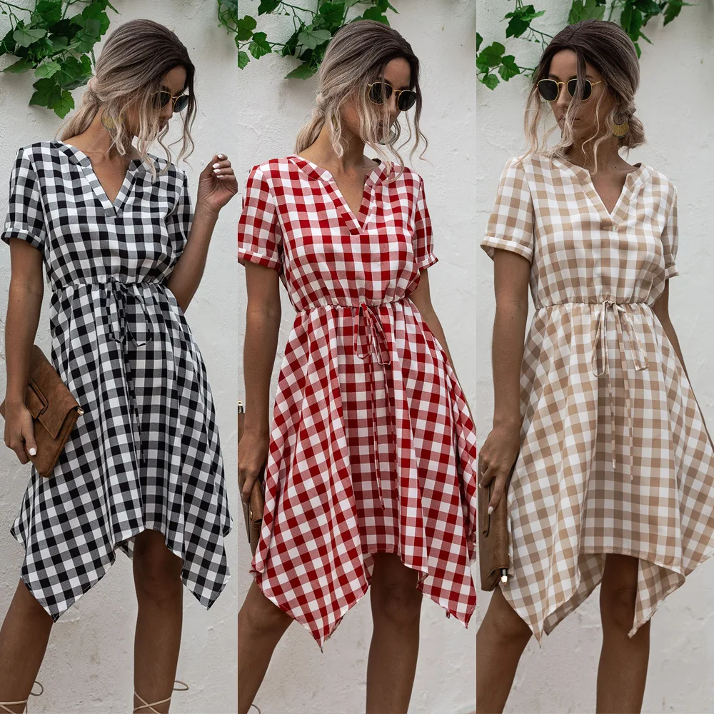 
stylish V neck checks design lady dresses OC130 