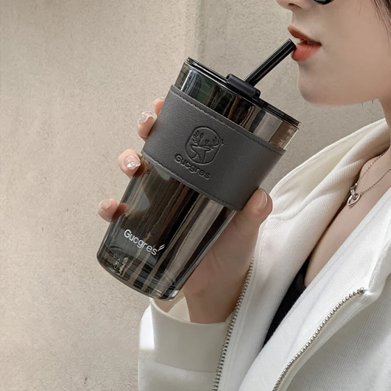 ins custom logo leather straw tumbler 450ml high quality glass tumbler mug for student girl